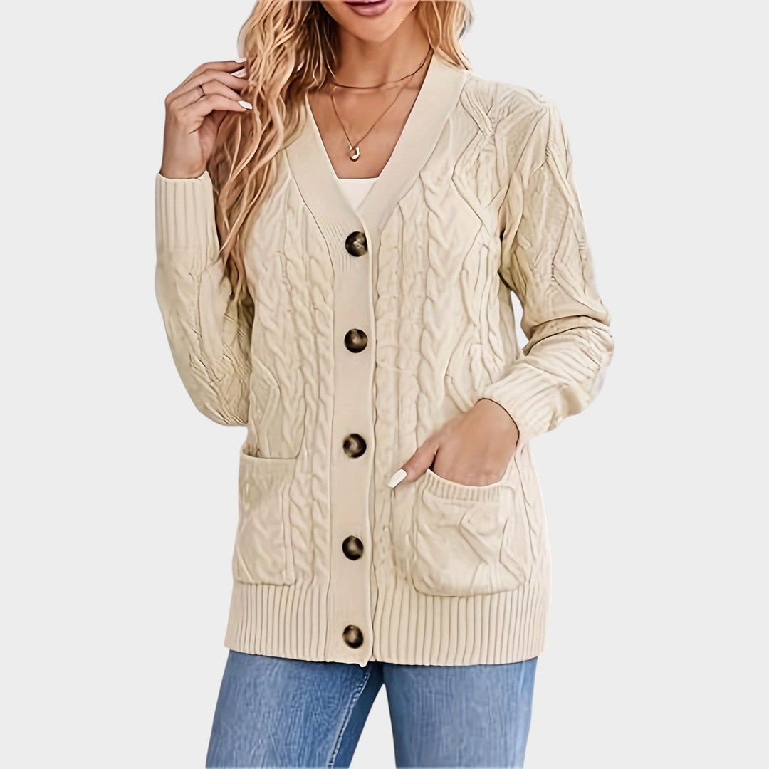 Women's Cable Knit Cardigan V Neck Button Front Mid Length