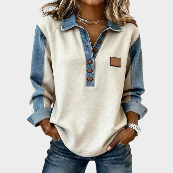 Women’s Denim Contrast Long-Sleeve Top