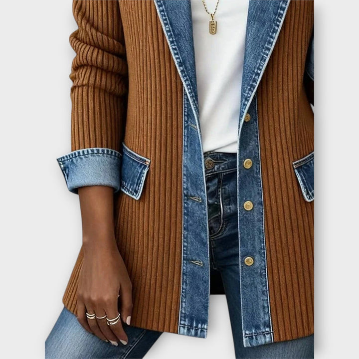 Women's Denim Detail Ribbed Knit Cardigan