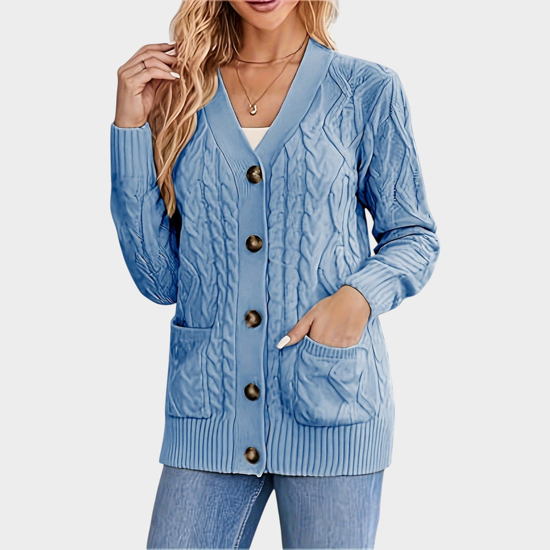Women's Cable Knit Cardigan V Neck Button Front Mid Length