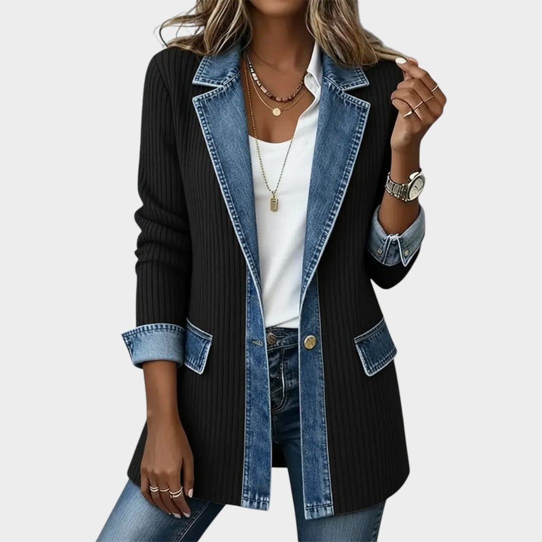 Women's Denim Detail Ribbed Knit Cardigan