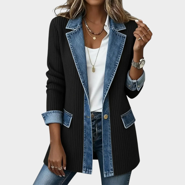 Women's Denim Detail Ribbed Knit Cardigan
