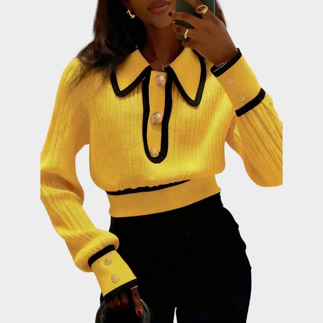Women’s Knit Sweater Spliced Lapel Metal Button Detail