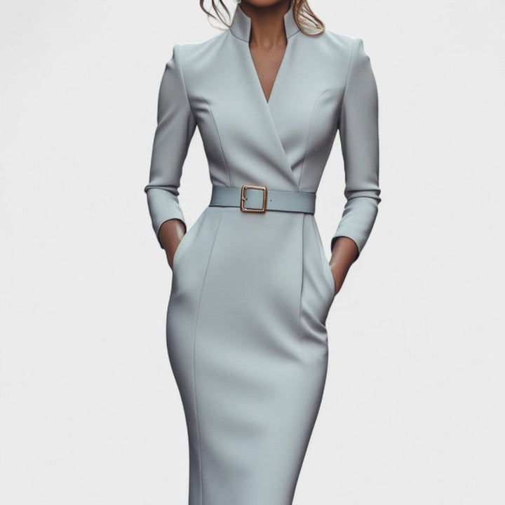 Refined black dress with belt and mandarin collar