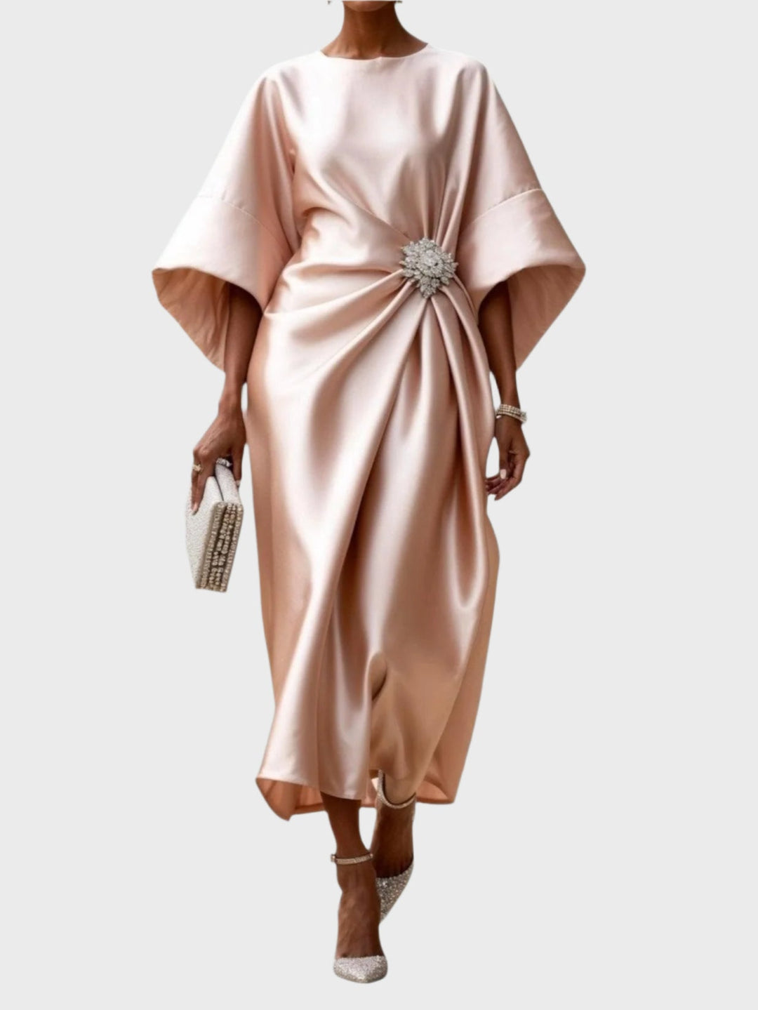 Satin Dress with Side Pleat and Decorative Buckle