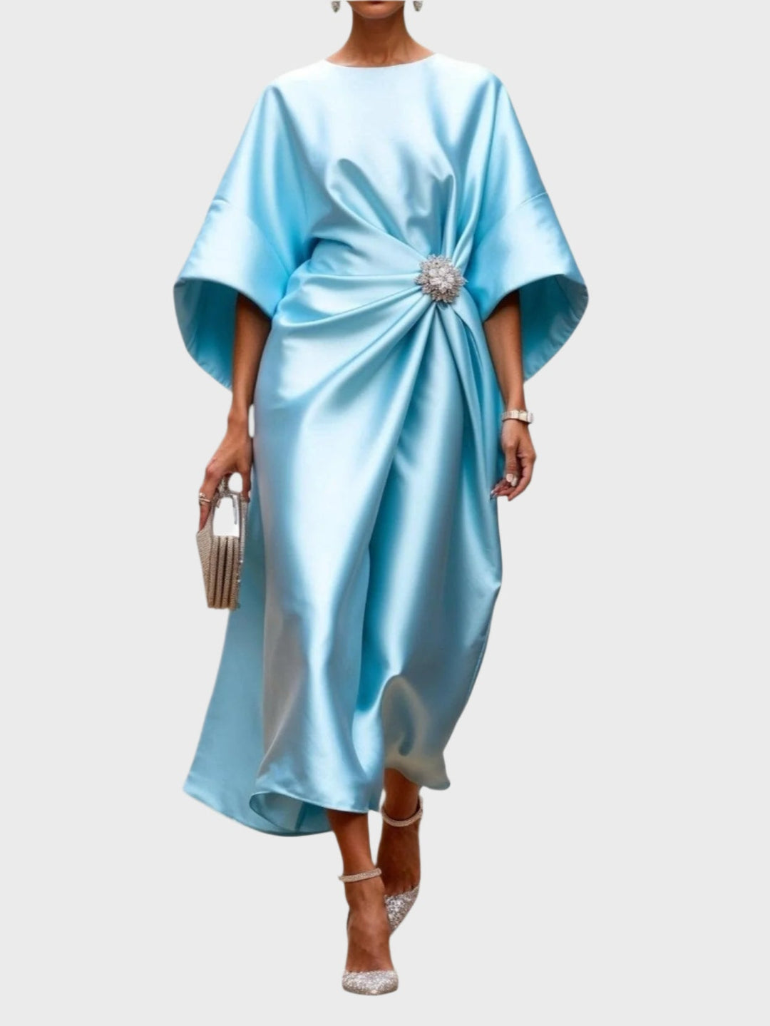 Satin Dress with Side Pleat and Decorative Buckle