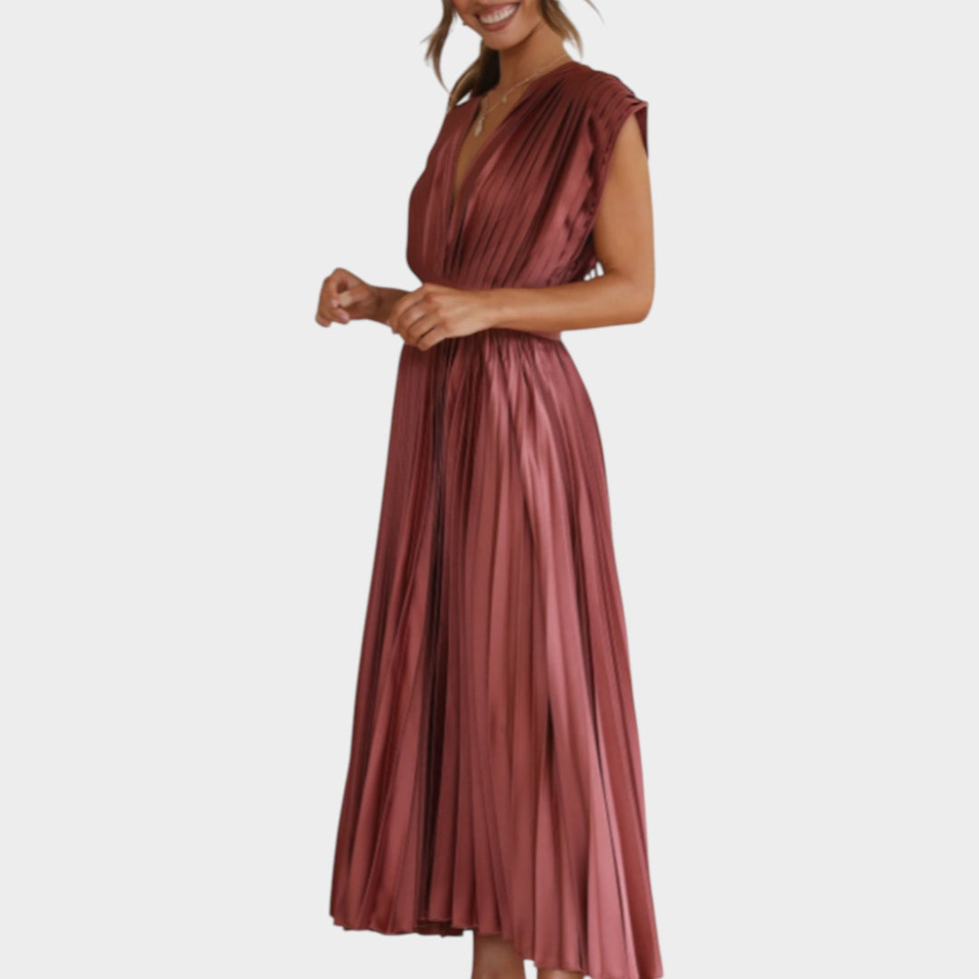 Pleated V-Neck Midi Dress
