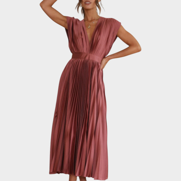 Pleated V-Neck Midi Dress