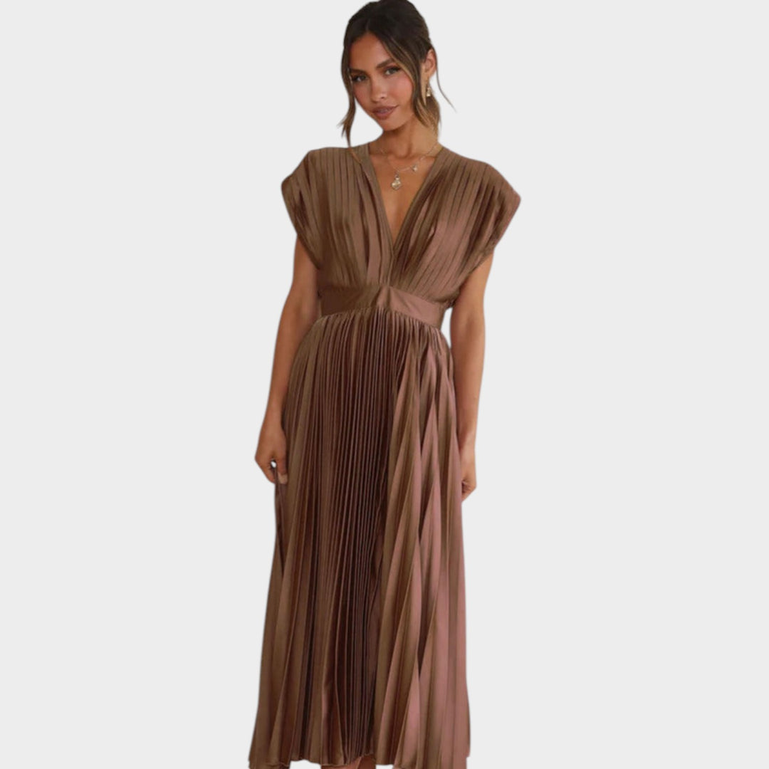 Pleated V-Neck Midi Dress