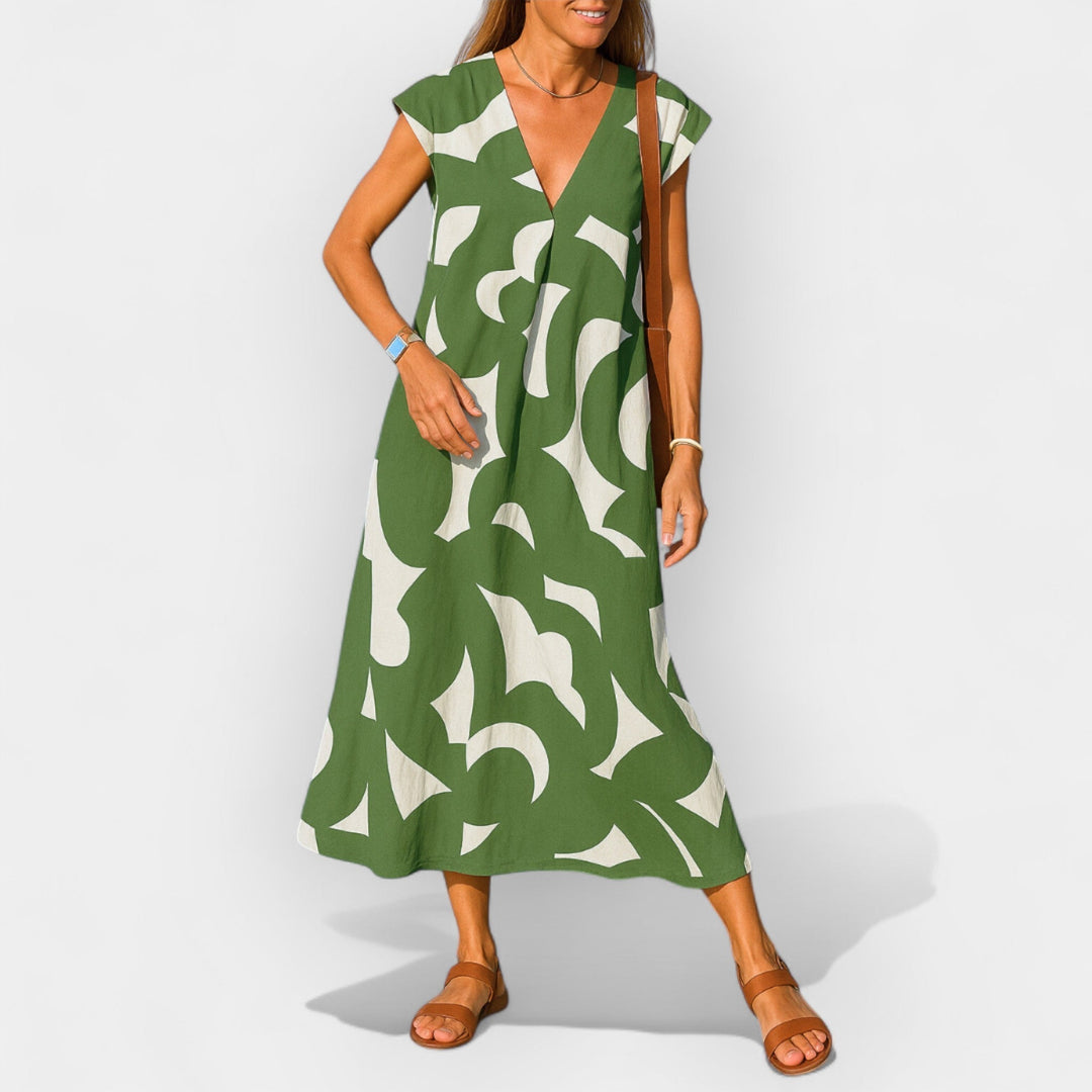 Airy Dress with V Neckline and Modern Design