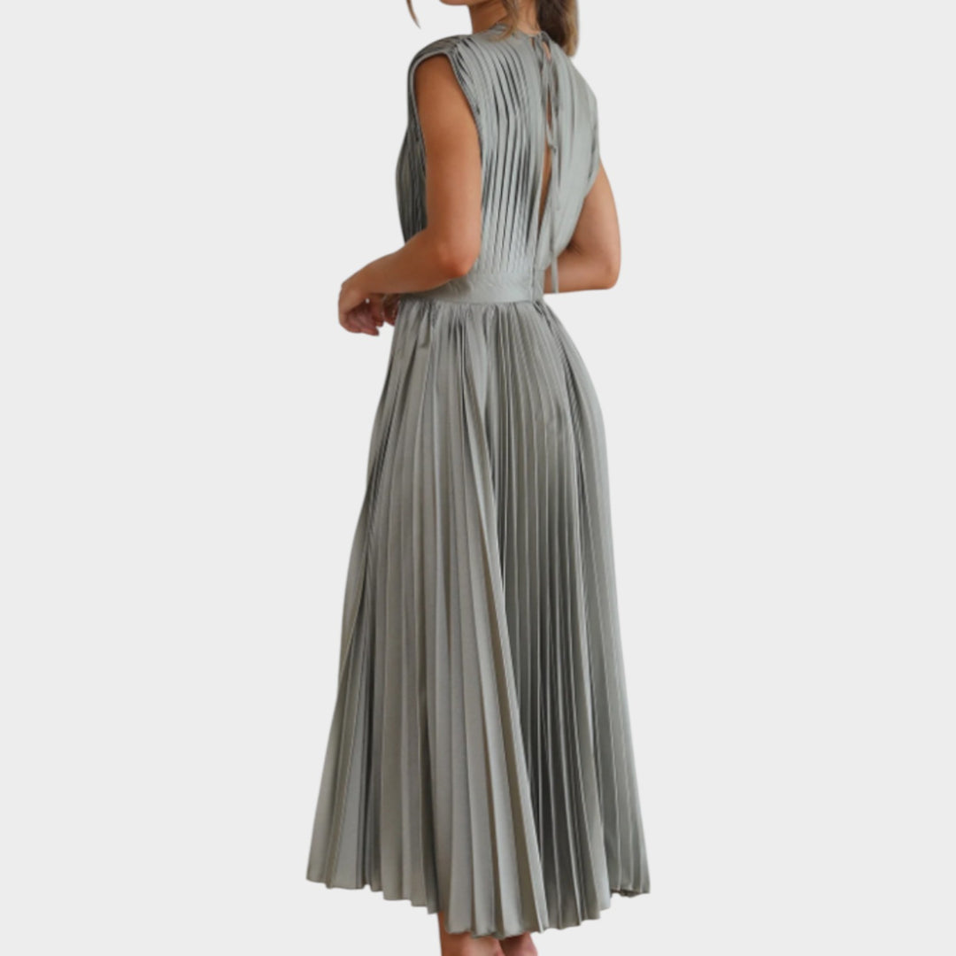 Pleated V-Neck Midi Dress