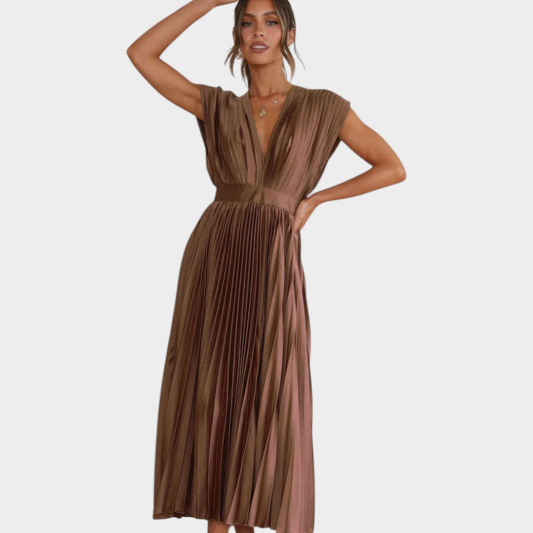 Pleated V-Neck Midi Dress