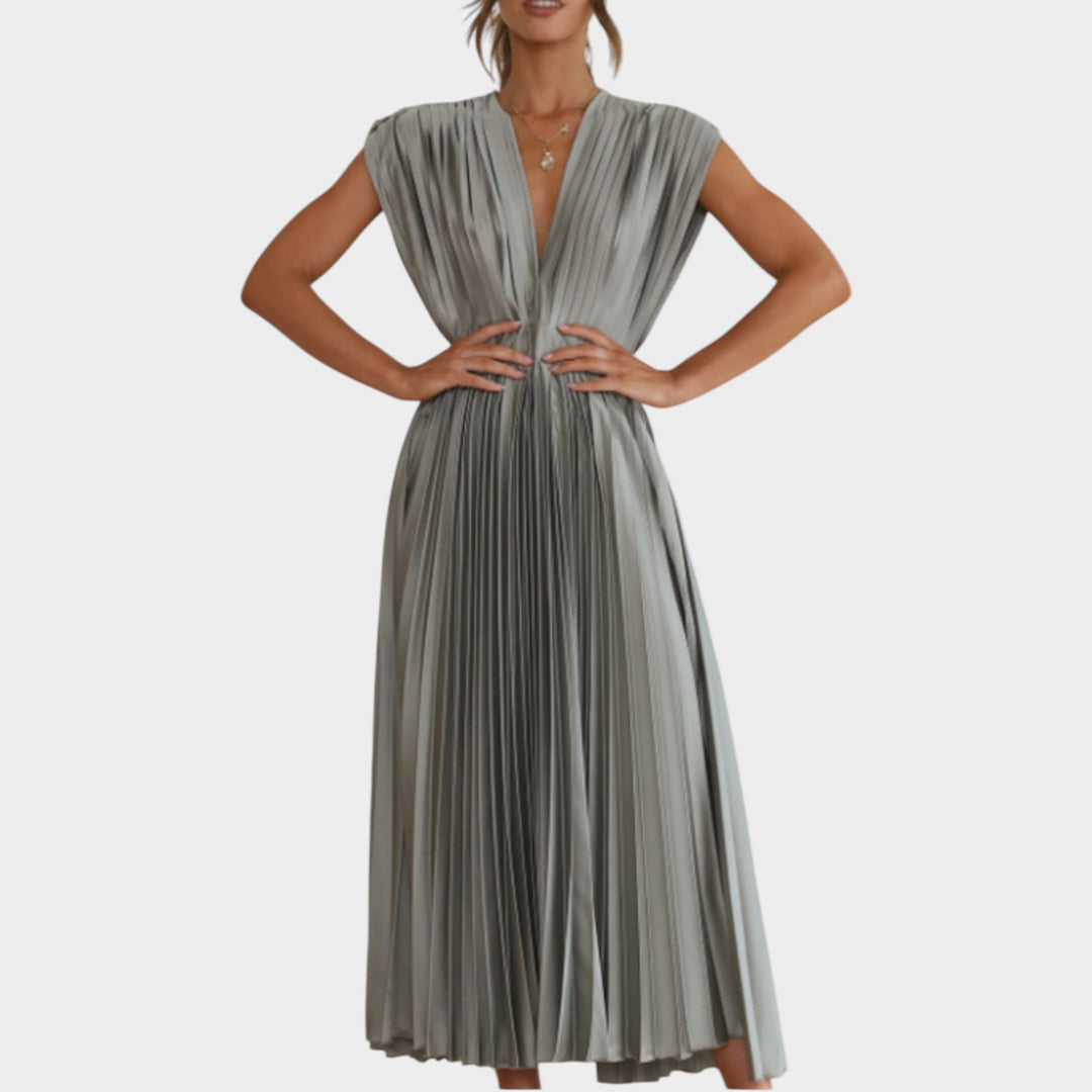 Pleated V-Neck Midi Dress