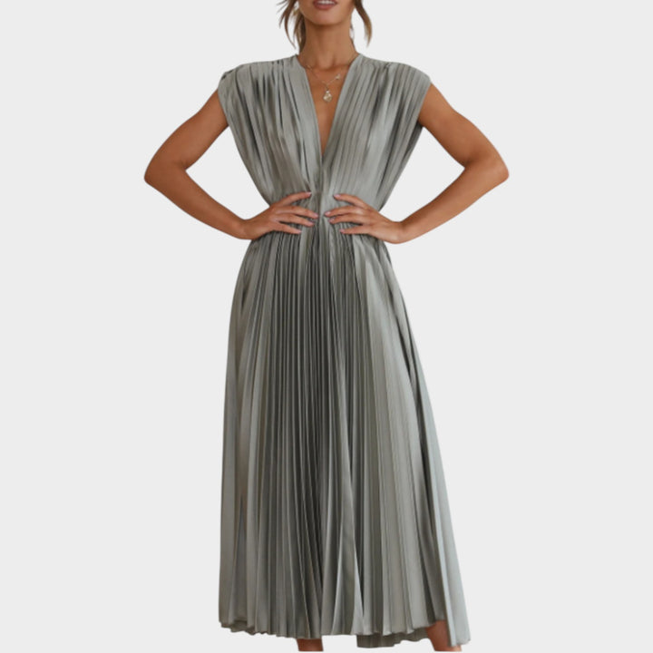 Pleated V-Neck Midi Dress