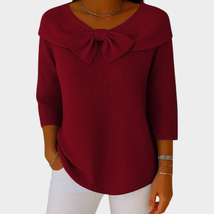 Women's Crew Neck Bow Ribbed Knit Sweater