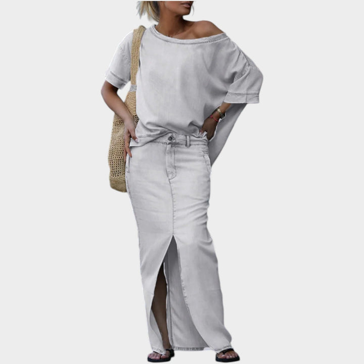 Off-Shoulder Denim Maxi Skirt Set