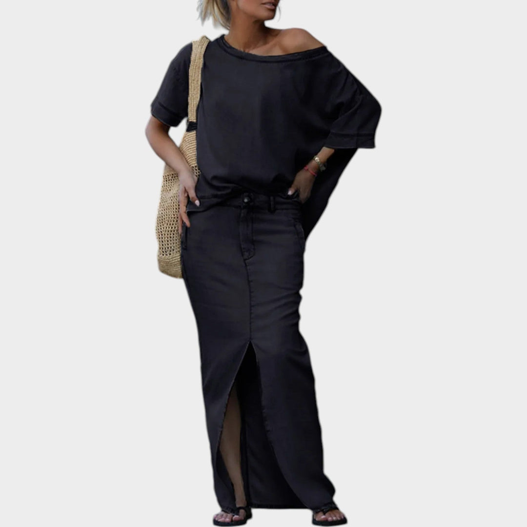 Off-Shoulder Denim Maxi Skirt Set