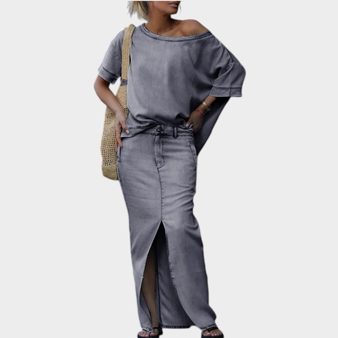 Off-Shoulder Denim Maxi Skirt Set