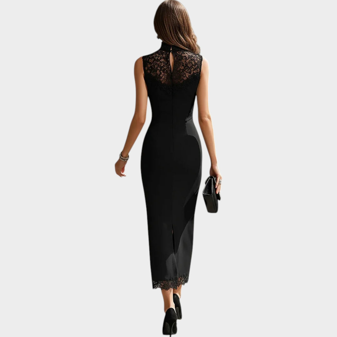 Lace Detail High-Neck Midi Dress