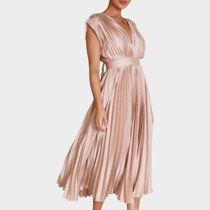 Pleated V-Neck Midi Dress