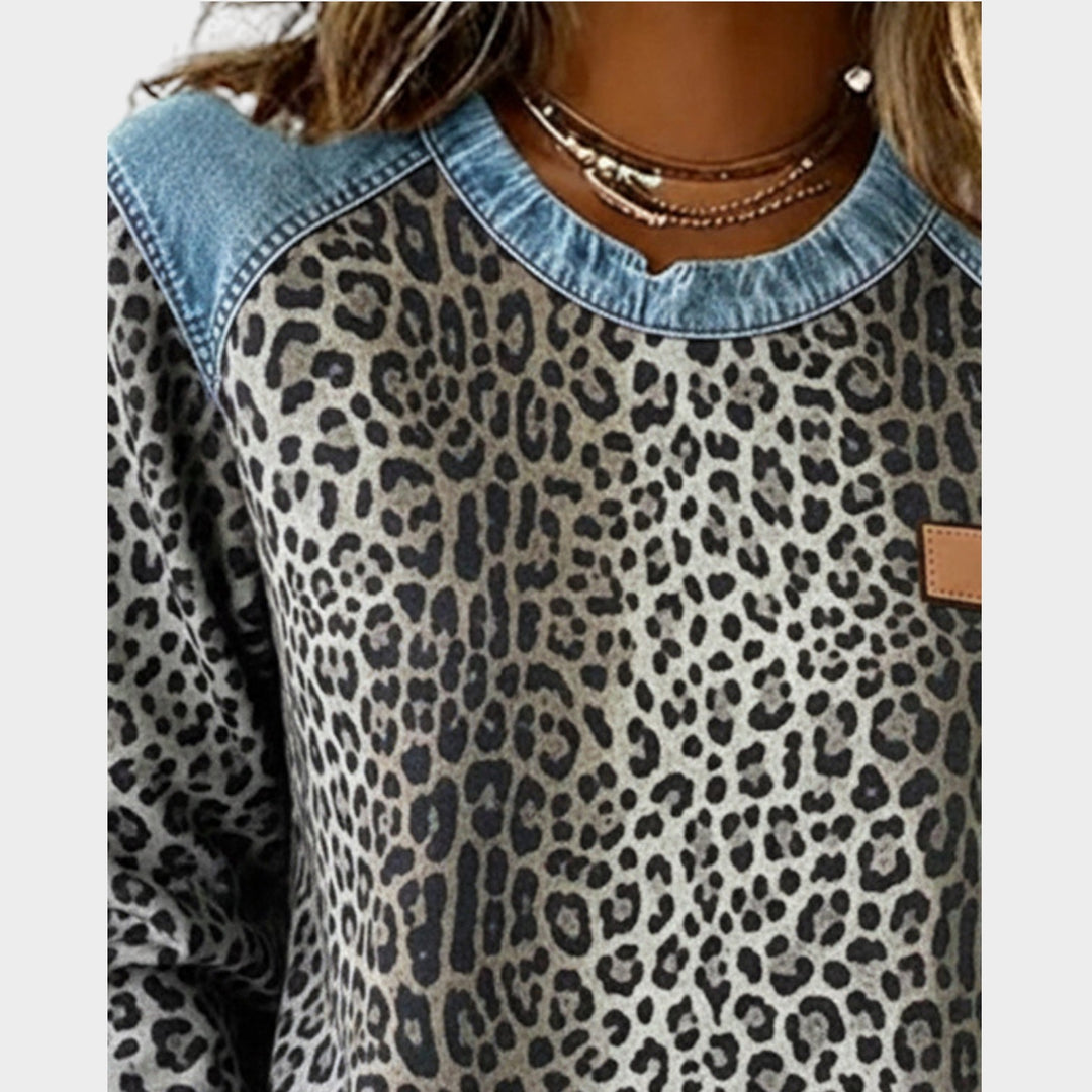 Women’s Leopard Print Denim Trim Top