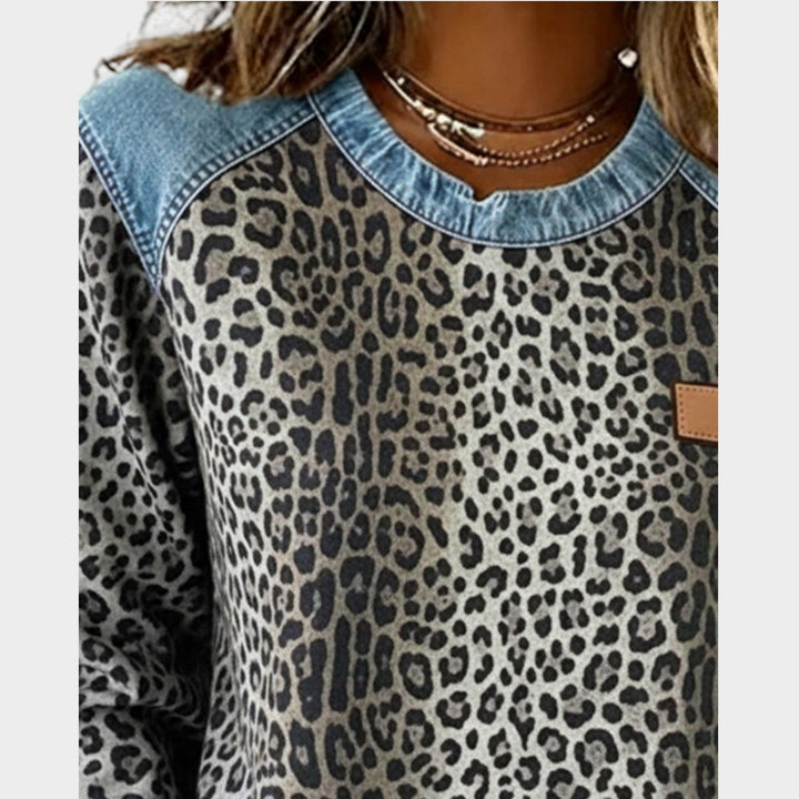 Women’s Leopard Print Denim Trim Top
