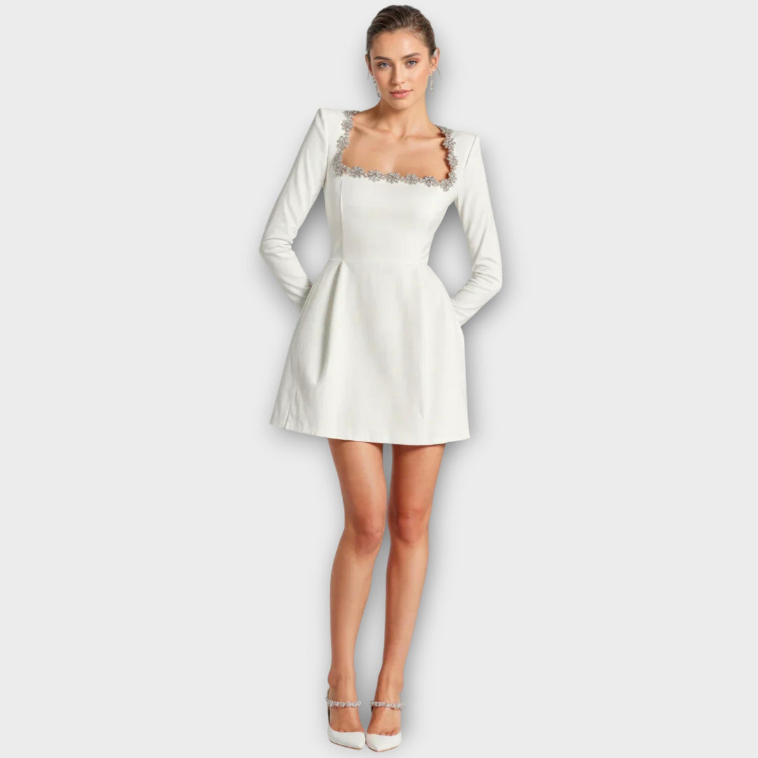 Crystal-Embellished Square Neck Mini Dress