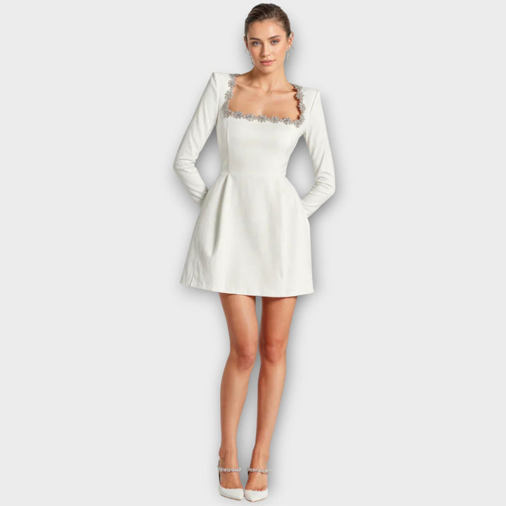 Crystal-Embellished Square Neck Mini Dress