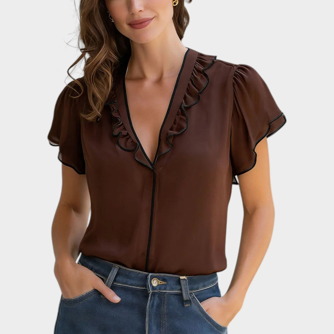 Ruffled V-Neck Short Sleeve Blouse
