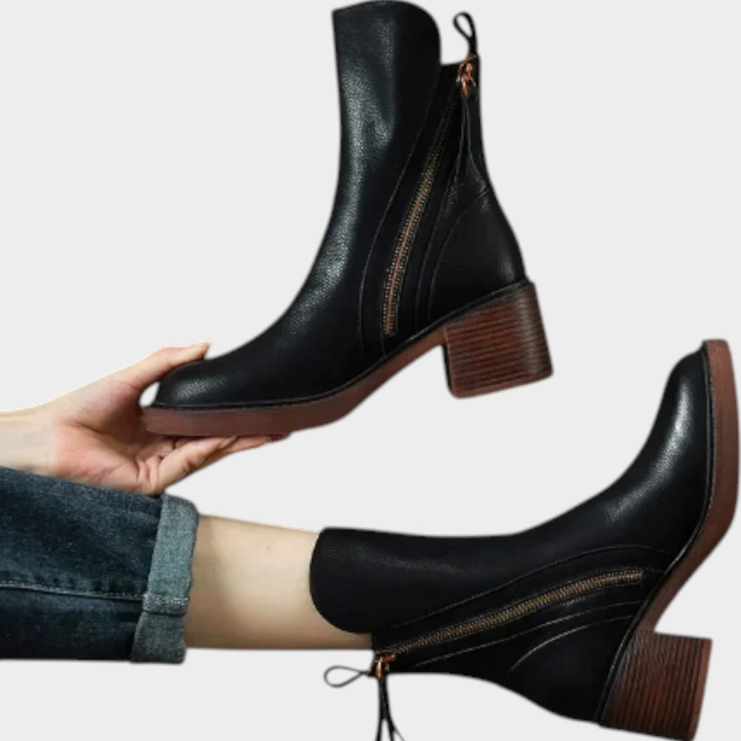 Women's Leather Ankle Boots Block Heel Side Zip
