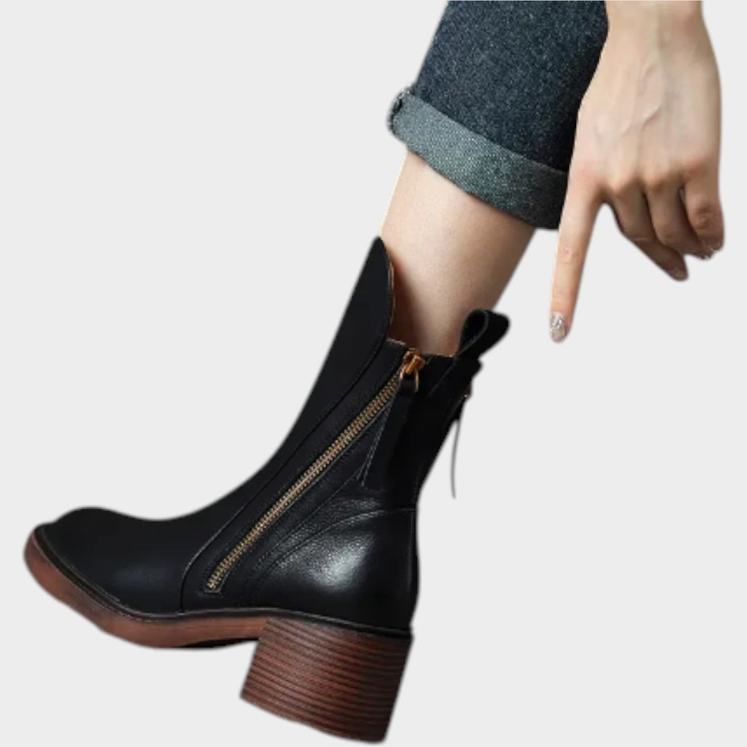 Women's Leather Ankle Boots Block Heel Side Zip