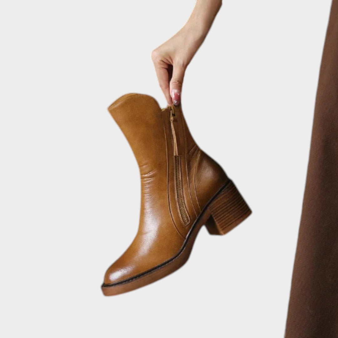 Women's Leather Ankle Boots Block Heel Side Zip
