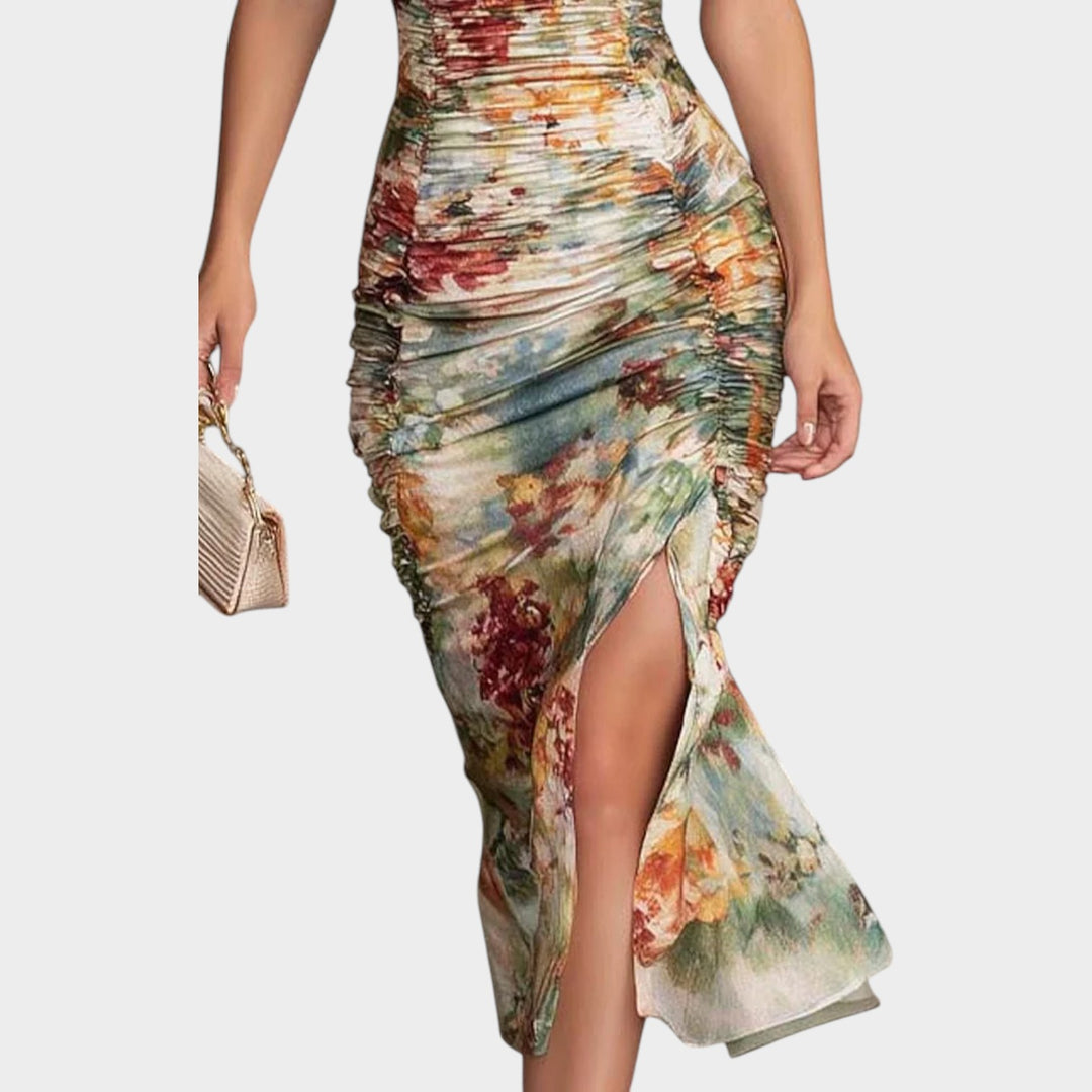 Floral Ruched Puff-Sleeve Midi Dress