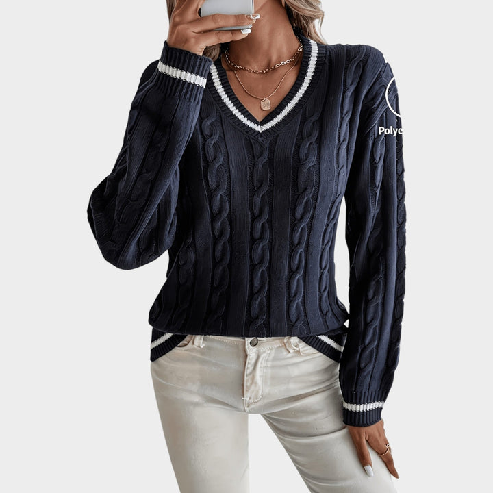 Women's Cable Knit Sweater Striped Trim Drop Shoulders