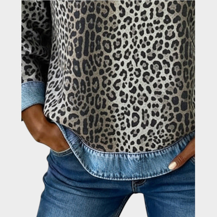 Women’s Leopard Print Denim Trim Top