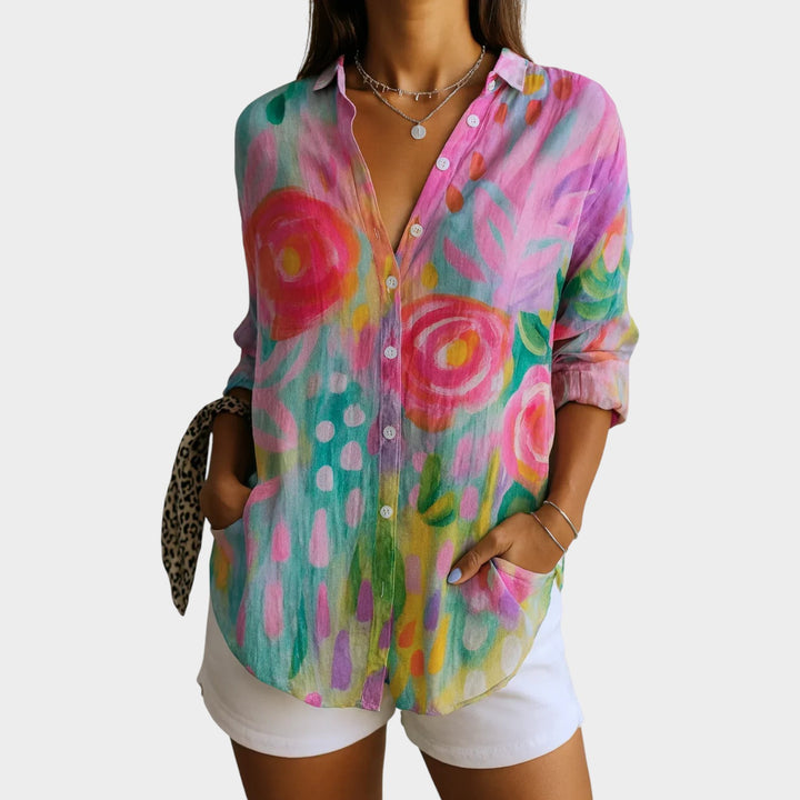 Abstract Floral Button-Up Blouse