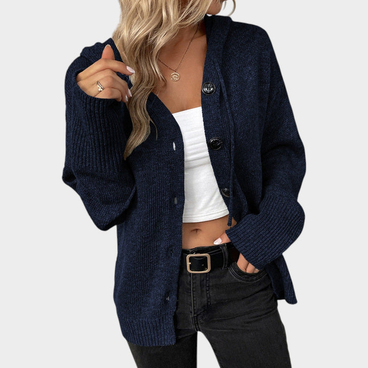 Women's Knit Cardigan Button Front V Neck Hooded