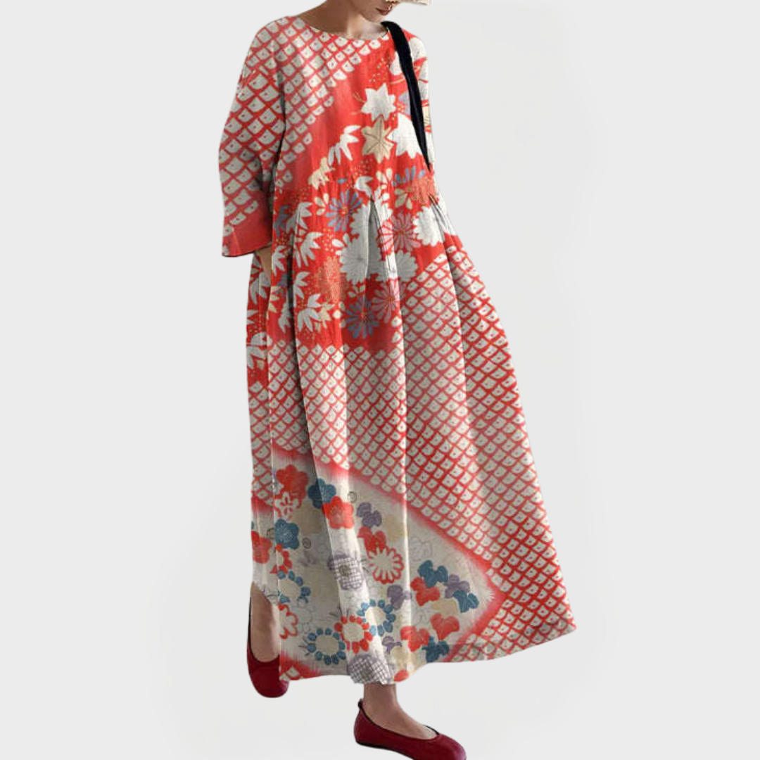 Elegant Maxi Linen Dress with Embroidered Floral Lace