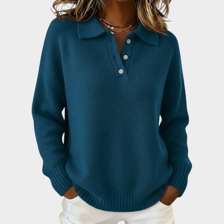 Women's Polo Knit Sweater Button Detail Soft Finish