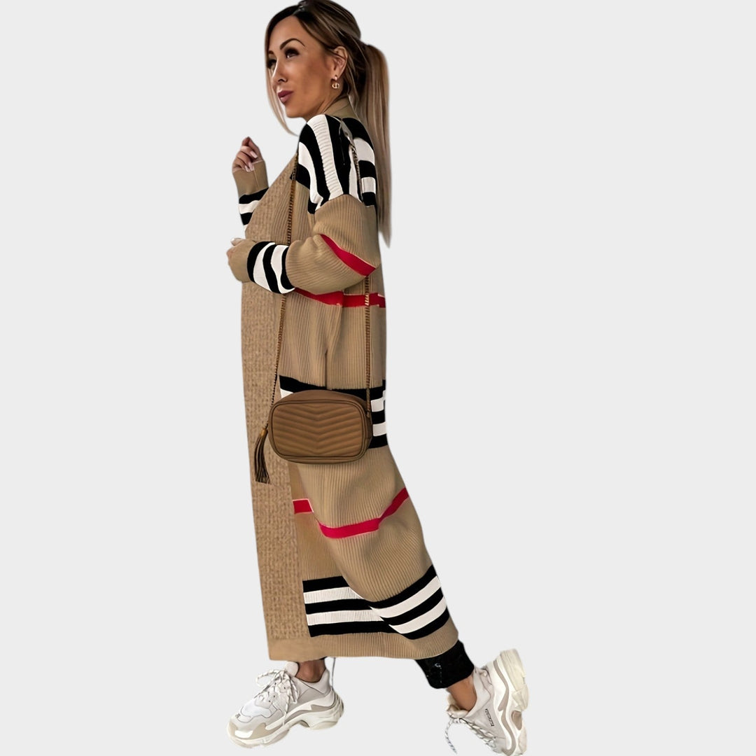 Women's Knit Cardigan Open Front Striped Longline