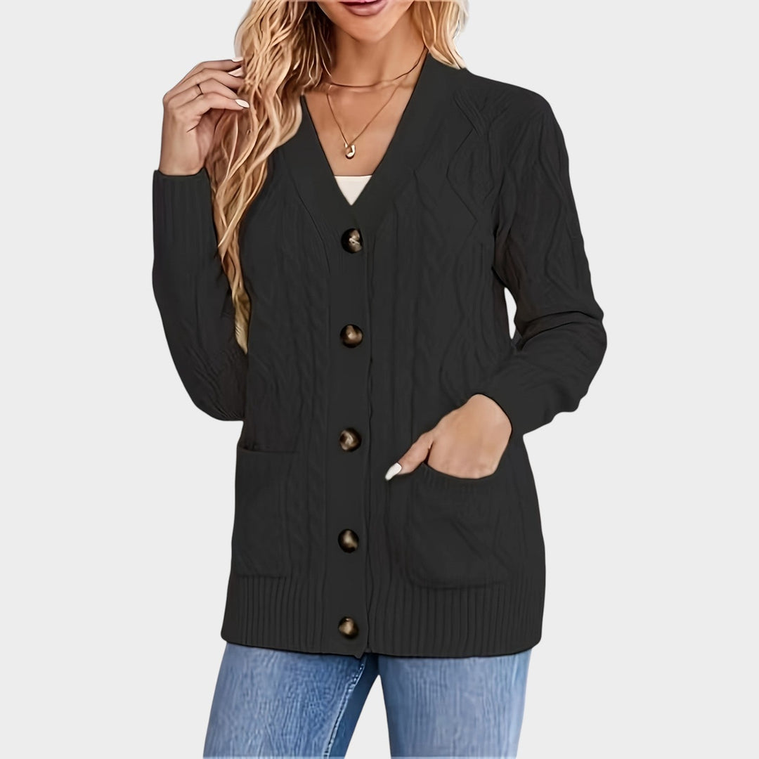 Women's Cable Knit Cardigan V Neck Button Front Mid Length