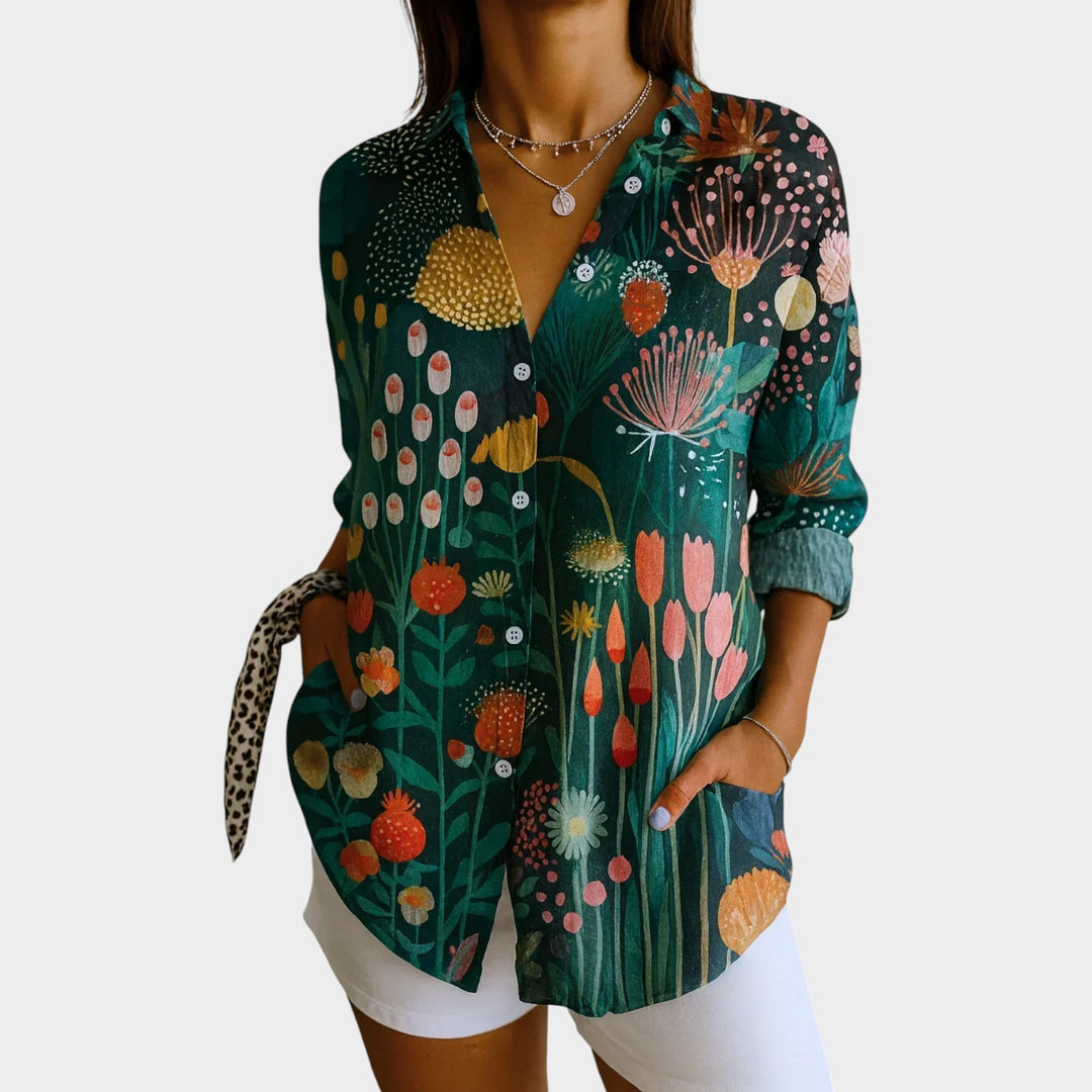 Abstract Floral Button-Up Blouse