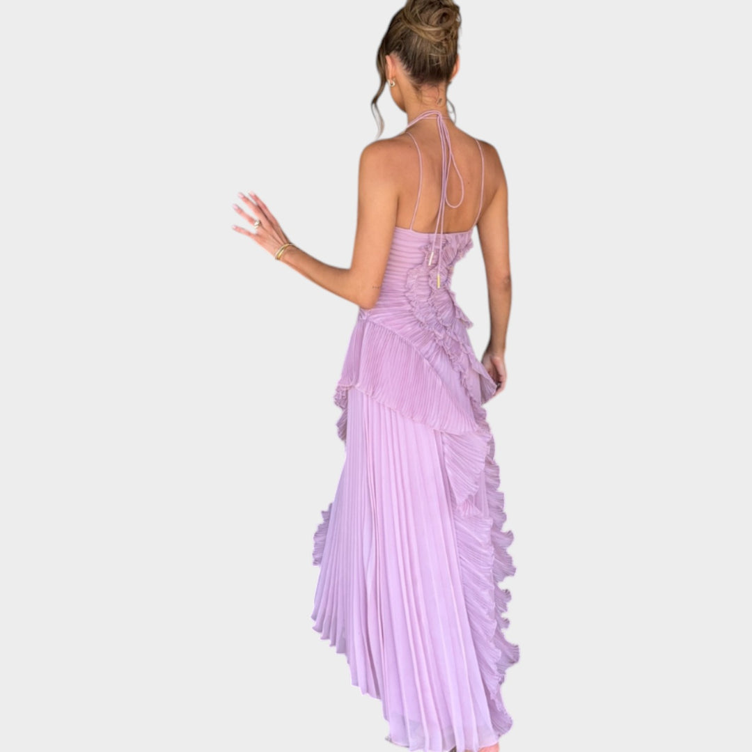 Asymmetrical Pleated Ruffle Maxi Dress