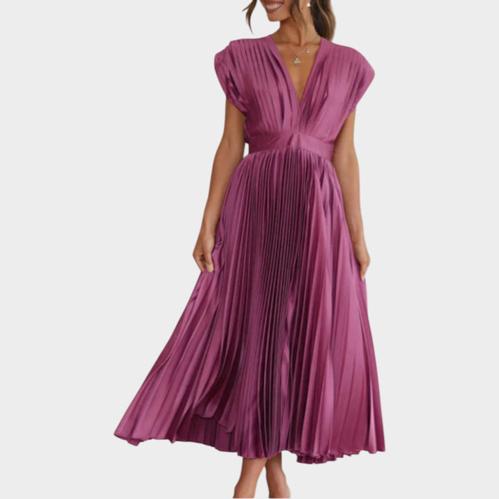 Pleated V-Neck Midi Dress