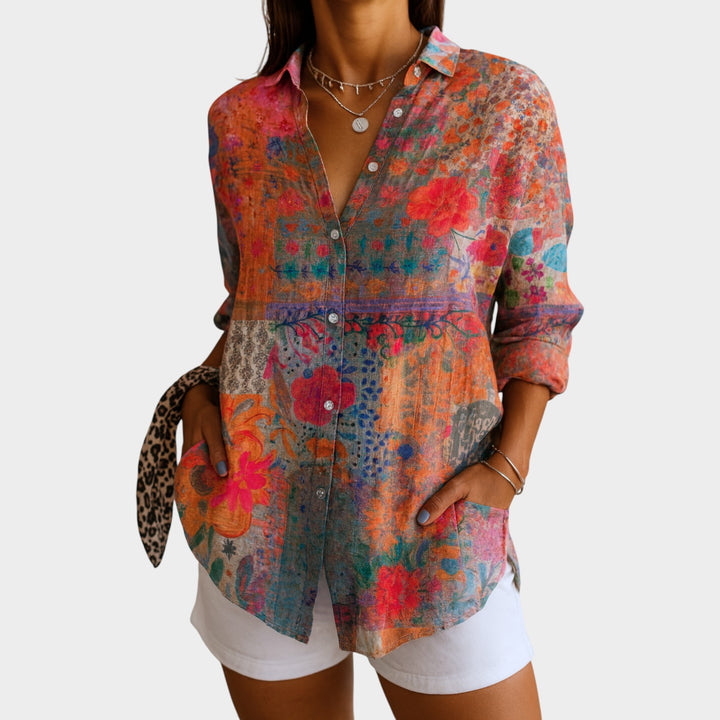 Abstract Floral Button-Up Blouse