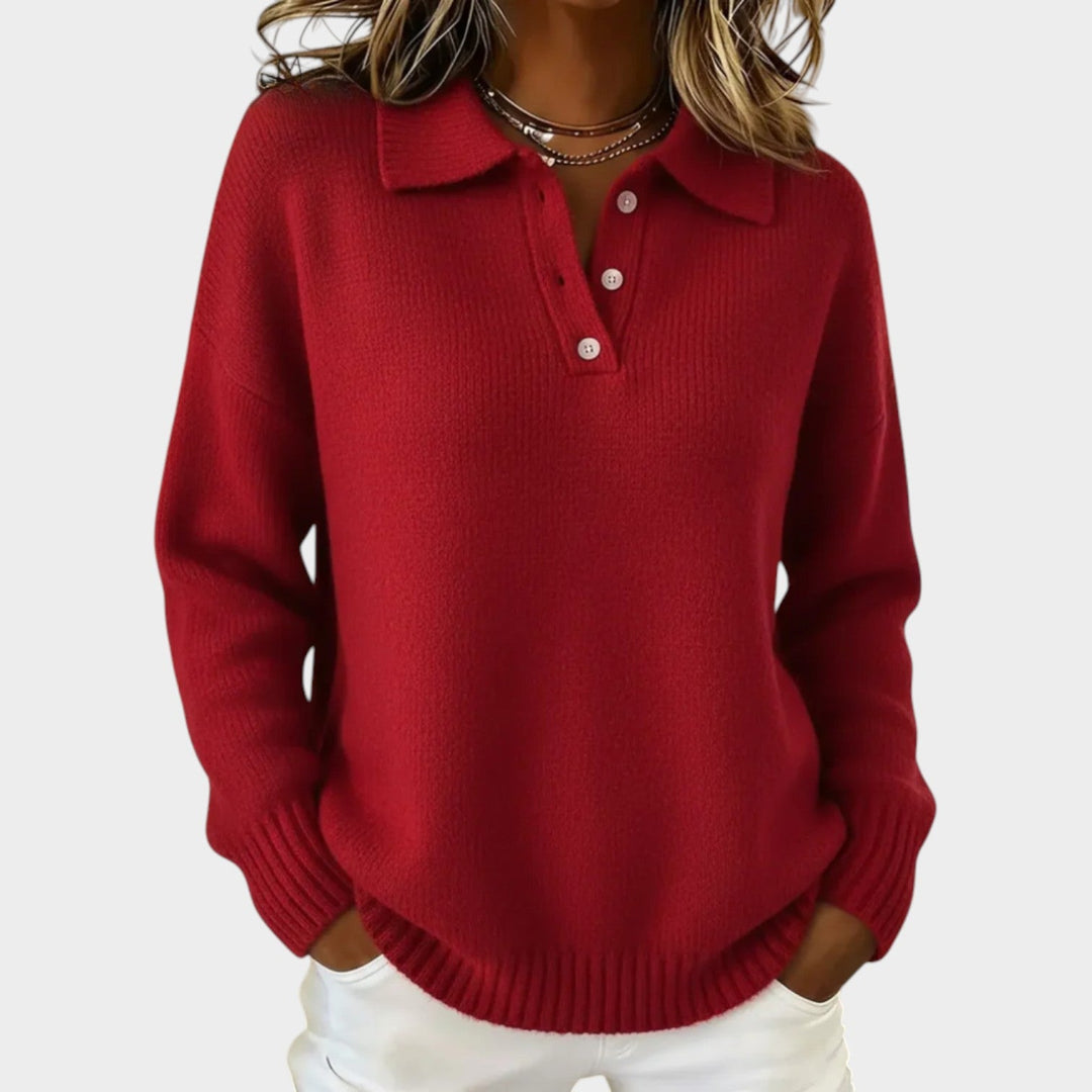 Women's Polo Knit Sweater Button Detail Soft Finish