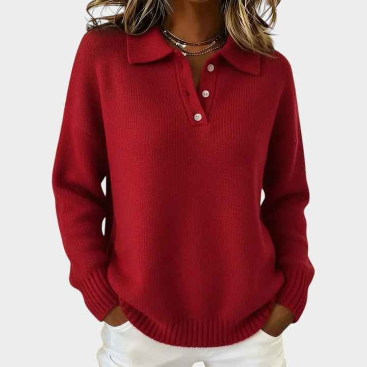 Women's Polo Knit Sweater Button Detail Soft Finish