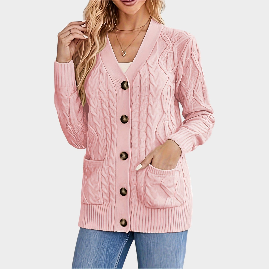 Women's Cable Knit Cardigan V Neck Button Front Mid Length