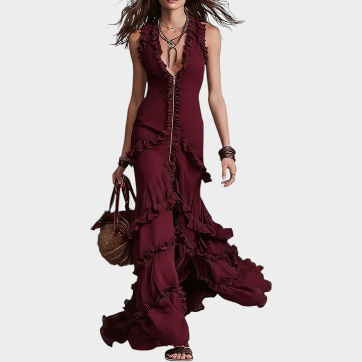 Ruffled Deep V-Neck Maxi Dress
