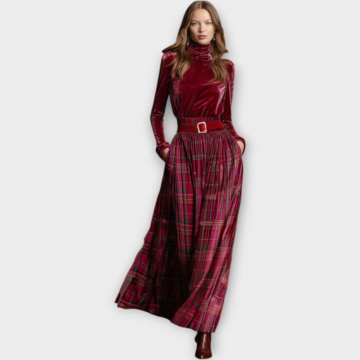 Velvet Turtleneck & Plaid Maxi Skirt Holiday Set